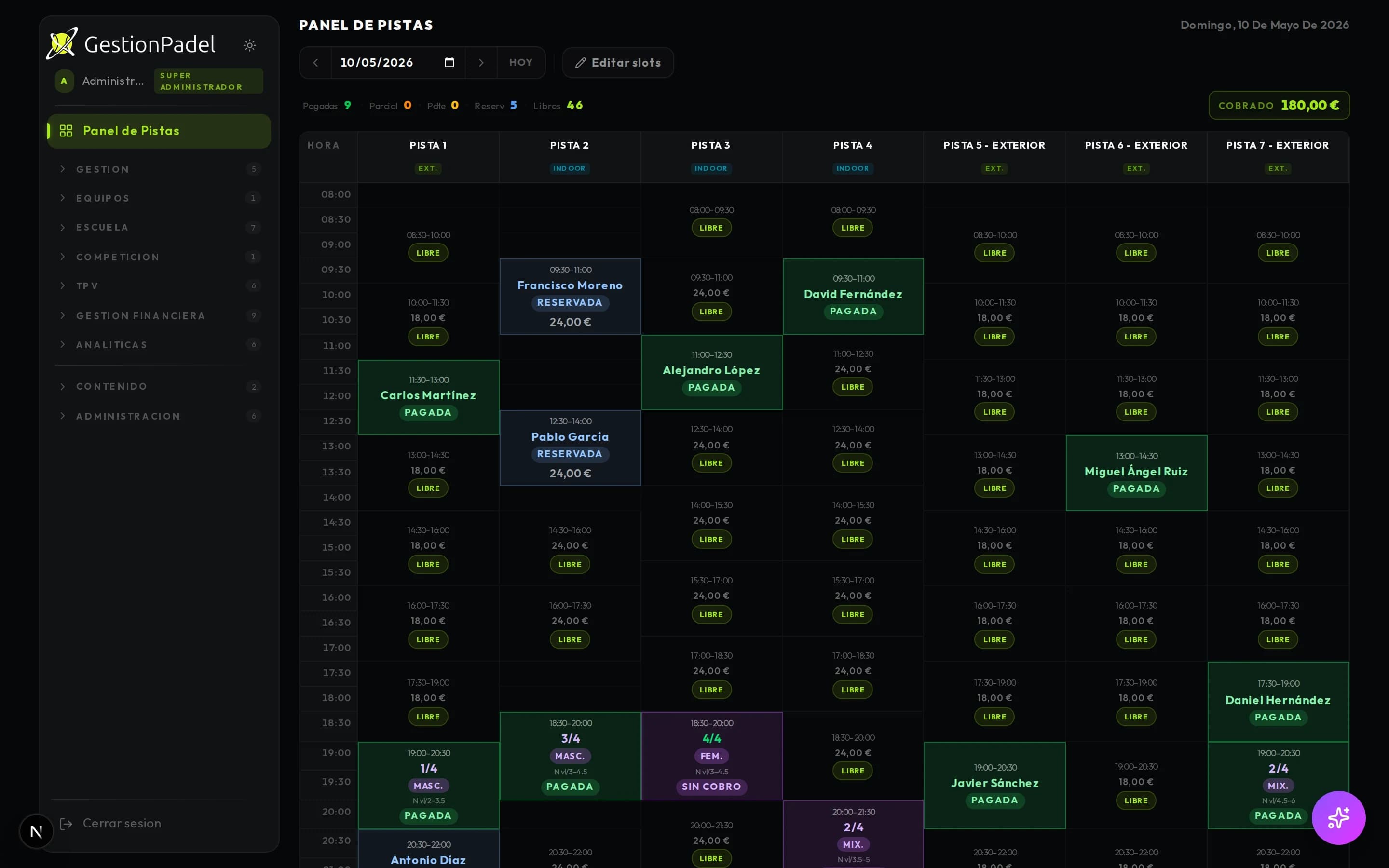 GestionPadel — Panel de pistas en tiempo real